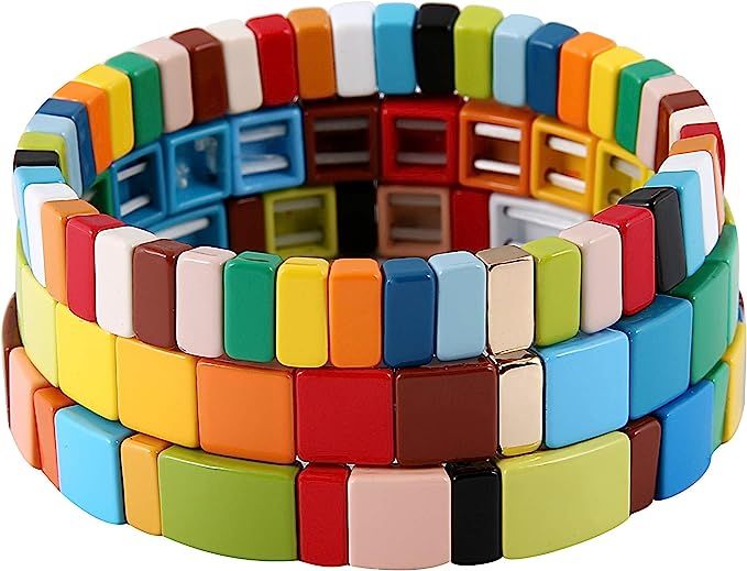 Coolcos Tile Bracelets Stackable Enamel Stretchy Tile Bracelet Rainbow Colorblock Beads Bracelets... | Amazon (US)