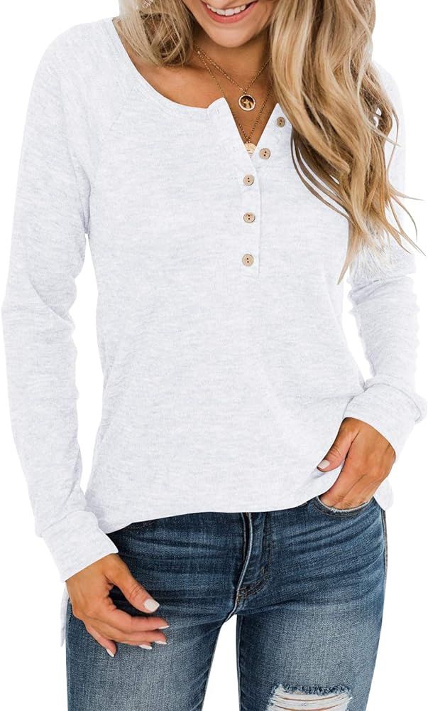 LAICIGO Women’s Button Down Henley Shirts V Neck Long Sleeve Side Slit Loose Knit Casual Tunic ... | Amazon (US)