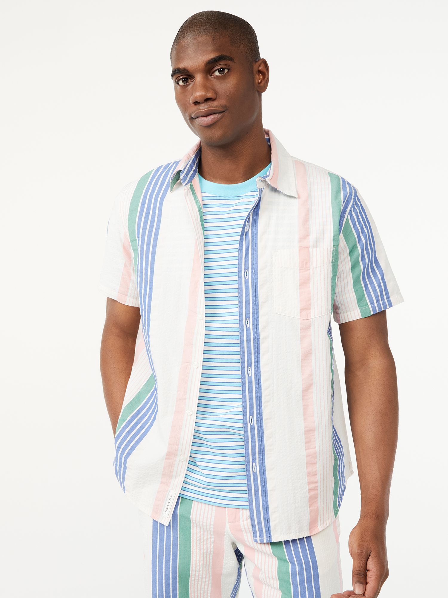 Free Assembly Men's Seersucker Stripe Shirt with Short Sleeves | Walmart (US)