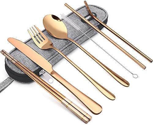 Eco Friendly Utensils Set - Reusable Silverware Set with Case - 8 Pieces Including Knife Fork Spo... | Amazon (US)
