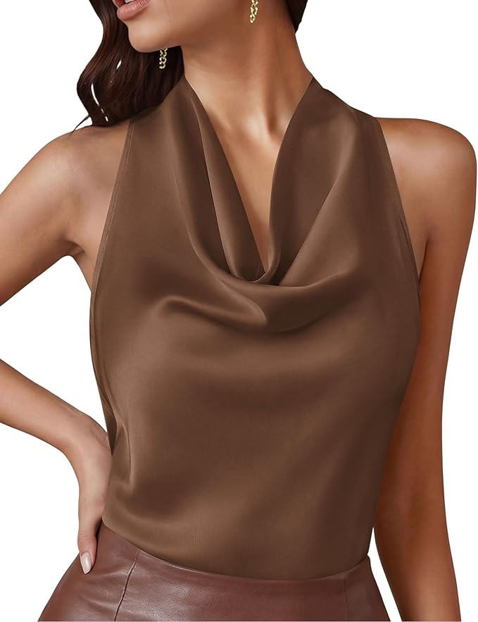 PRETTYGARDEN Silk Satin Halter Tops for Women Summer 2026 Cowl Neck Tie Back Going Out Sleeveless... | Amazon (US)