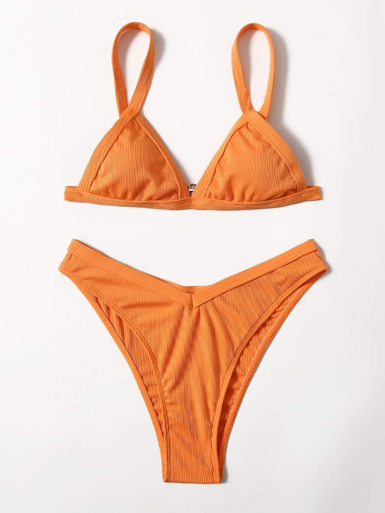Rib Triangle High Cut Bikini Swimsuit | SHEIN