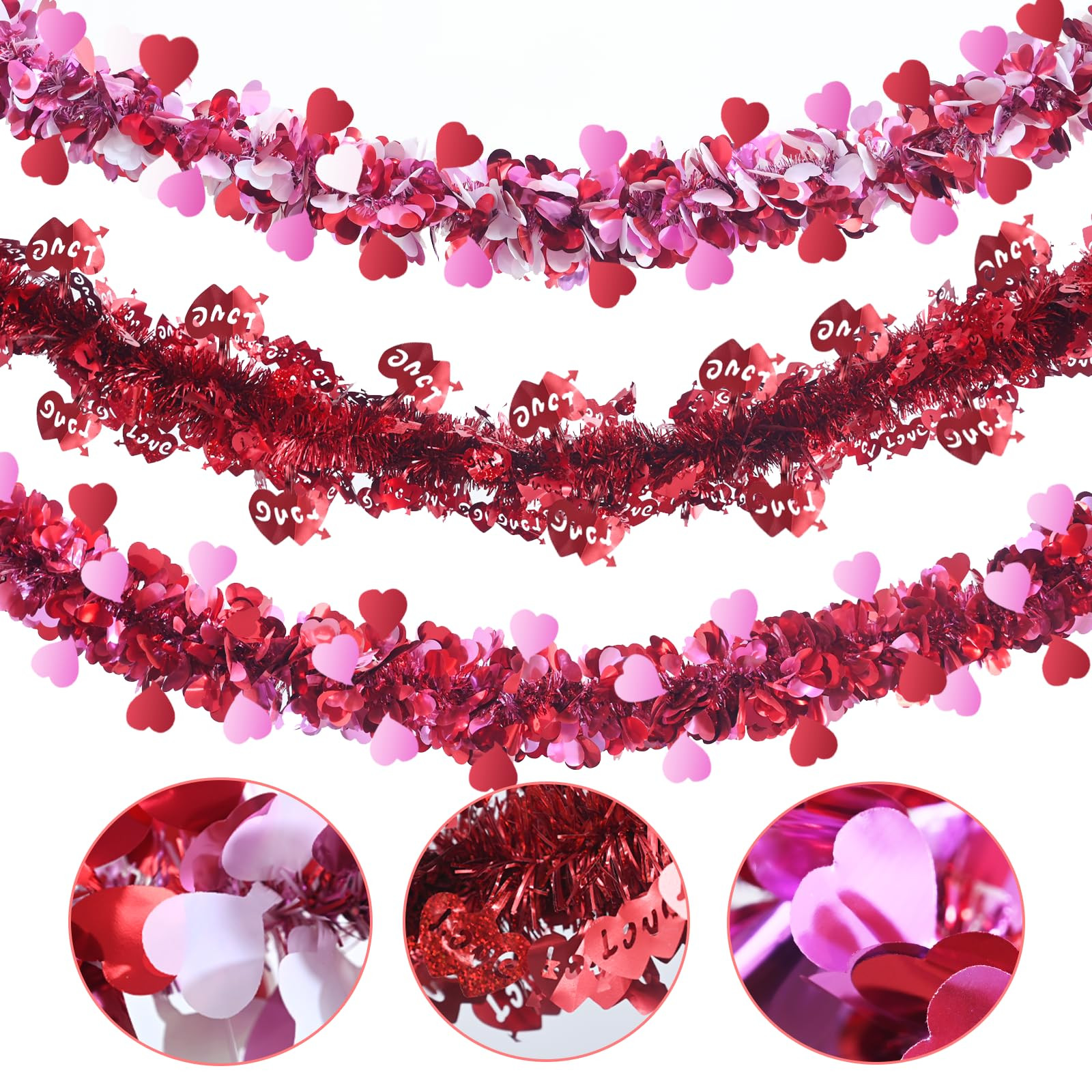 Meag-L 3 Pcs Valentine Garland Tree Decorations Valentine's Day Decors Heart Metallic Tinsel Garl... | Amazon (US)