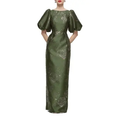 Dessy Collection Blaine Gilt Floral Puff Sleeve Satin Twill Column Gown in Olive/gold at Nordstrom, Size 0 | Nordstrom