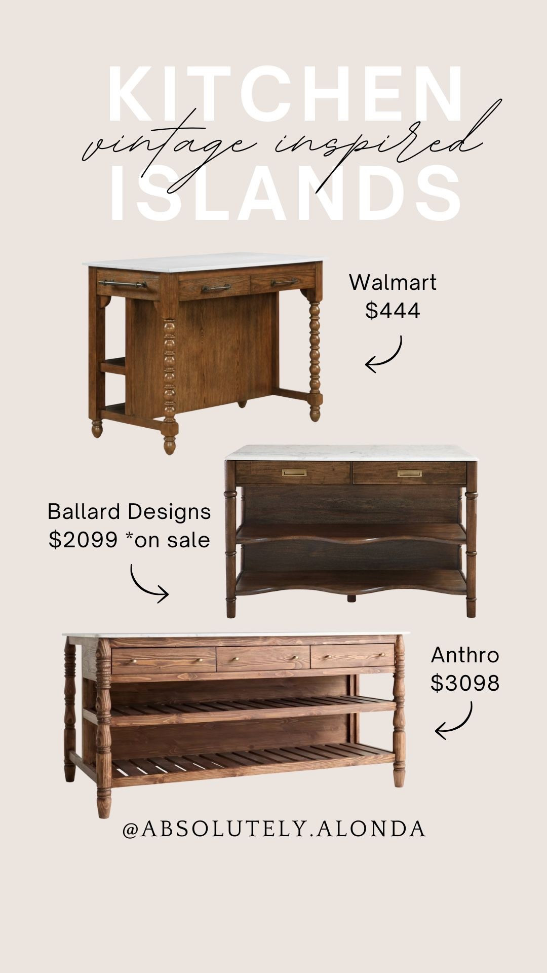 Spindle legs, warm wood tones, marble tops. 😍 I’m obsessed with these kitchen islands.

The Walmart one is so affordable and the Ballard Designs is on a huge sale! 

#LTKHome #LTKSaleAlert