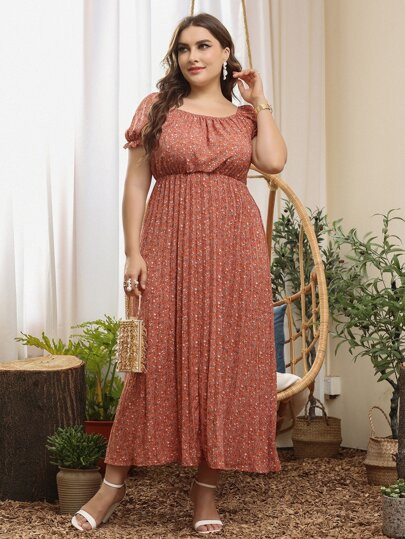 Plus Puff Sleeve Ditsy Floral Dress | SHEIN