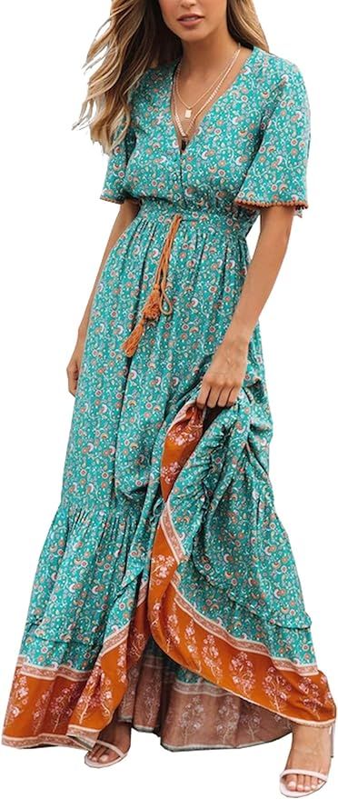 R.Vivimos Womens Summer Cotton Short Sleeve V Neck Floral Print Casual Bohemian Midi Dresses | Amazon (US)