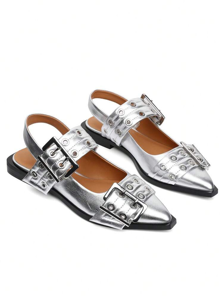 Women's Wide Buckle Slingback Ballet Pumps Pointed Toe Square Chunky Heel Casual Flat Ballerina Shoes Woman | SHEIN