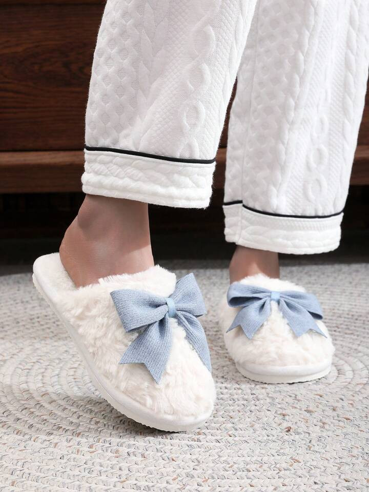 Butterfly Bowknot Design Women's Winter Plush Slippers For Indoor Home Floor, Couples Antiskid | SHEIN