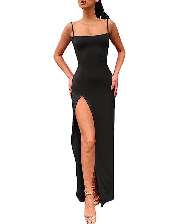 VNIRA Women's Spaghetti Strap Long Bodycon Dresses Sexy Sleeveless Thigh Slit Club Party Maxi Dre... | Amazon (US)
