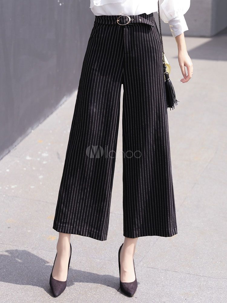Black Long Pants Wide Leg Striped Women's Pants | Milanoo