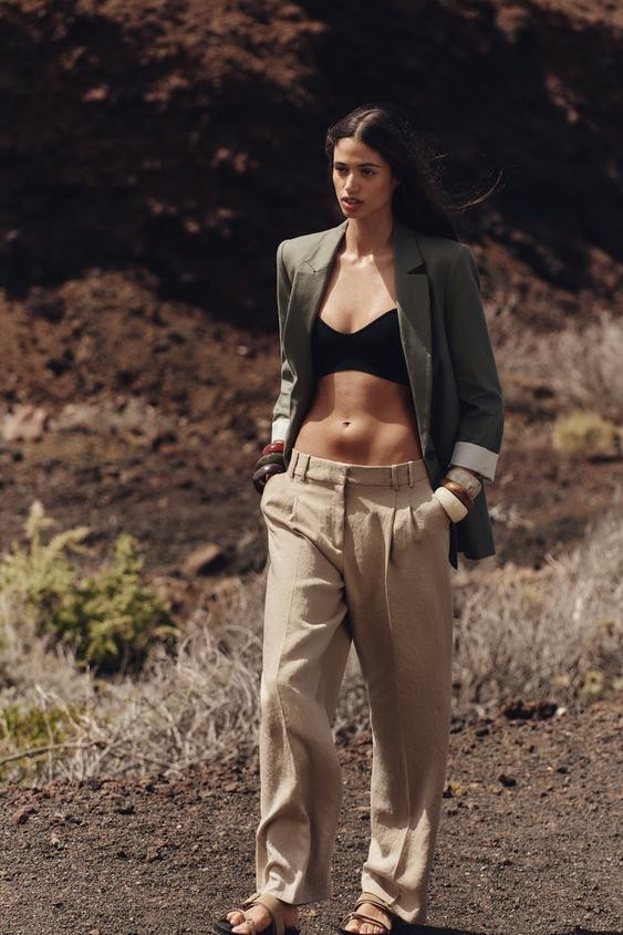 PRINTED LINEN BLEND CUFFED BLAZER | Zara US