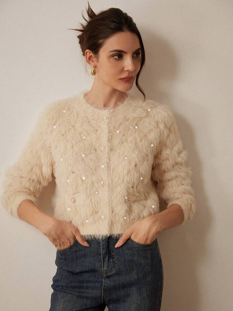 Aveloria Modichic V-Neck Studded Diamond Pattern Faux Mink Elegant Cardigan Sweater For Women  Fall Winter Cloth For Women | SHEIN