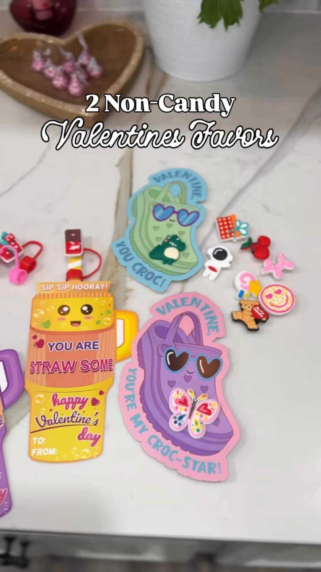 2 non-candy Valentines class favor ideas from Amazon! These kits come with the cutest cards and either croc charms or straw toppers! Follow + comment “CLASS” for a link!