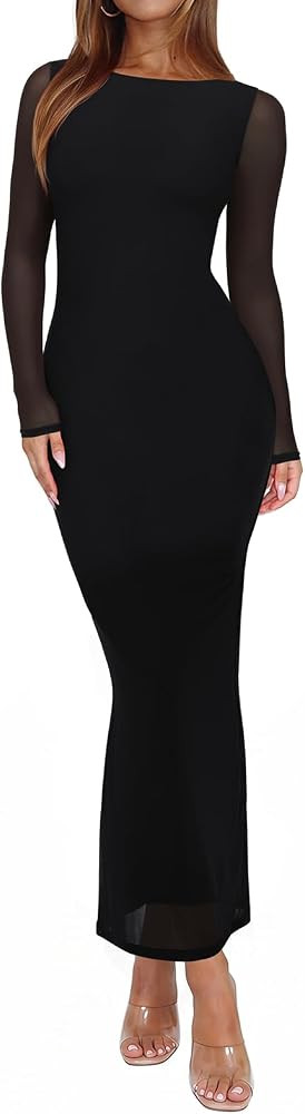 REORIA Women's Fall Mesh Sheer Long Sleeve Wedding Guest Dress Sexy Floral Bodycon Maxi Long Dres... | Amazon (US)