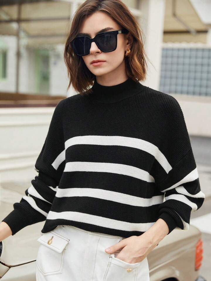 SHEIN BIZwear Striped Pattern Drop Shoulder Sweater | SHEIN