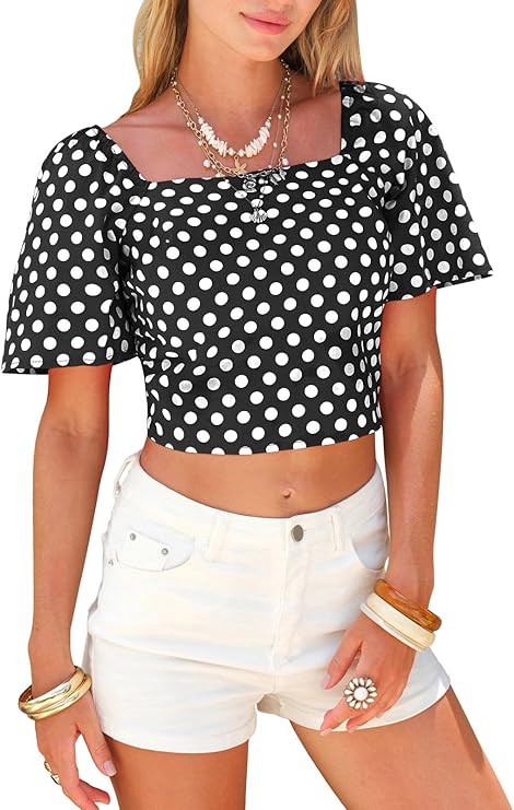 EXLURA Women's 100% Cotton Polka Dot Crop Top Square Neck Open Back Tie Knot Summer Vacation Beac... | Amazon (US)