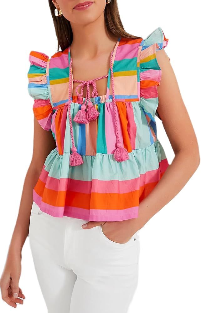 Women Boho Tie Front Peplum Tops Floral Print Flowy Fringe Shirt Square Neck Ruffle Tank Top Goin... | Amazon (US)