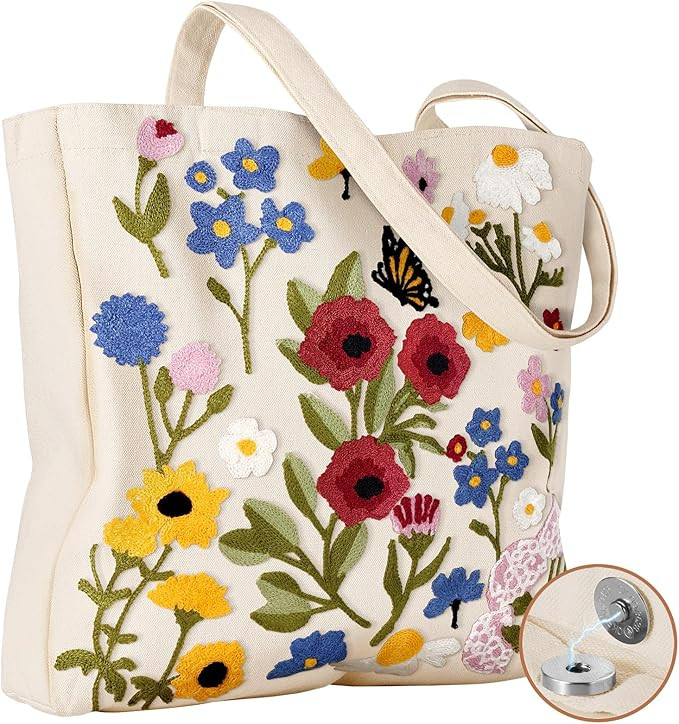 Embroidery Canvas Tote Bag for Women - Reusable Tote with Buckle Aesthetic Cute Shoulder Bag for ... | Amazon (US)