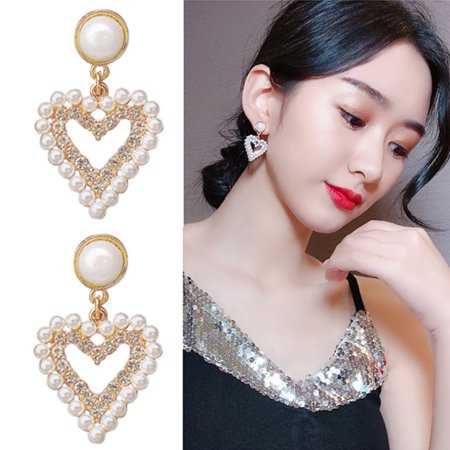 SPRING PARK Love Heart Shape Faux Pearls Rhinestones Stud Earrings for Women Girls | Walmart (US)