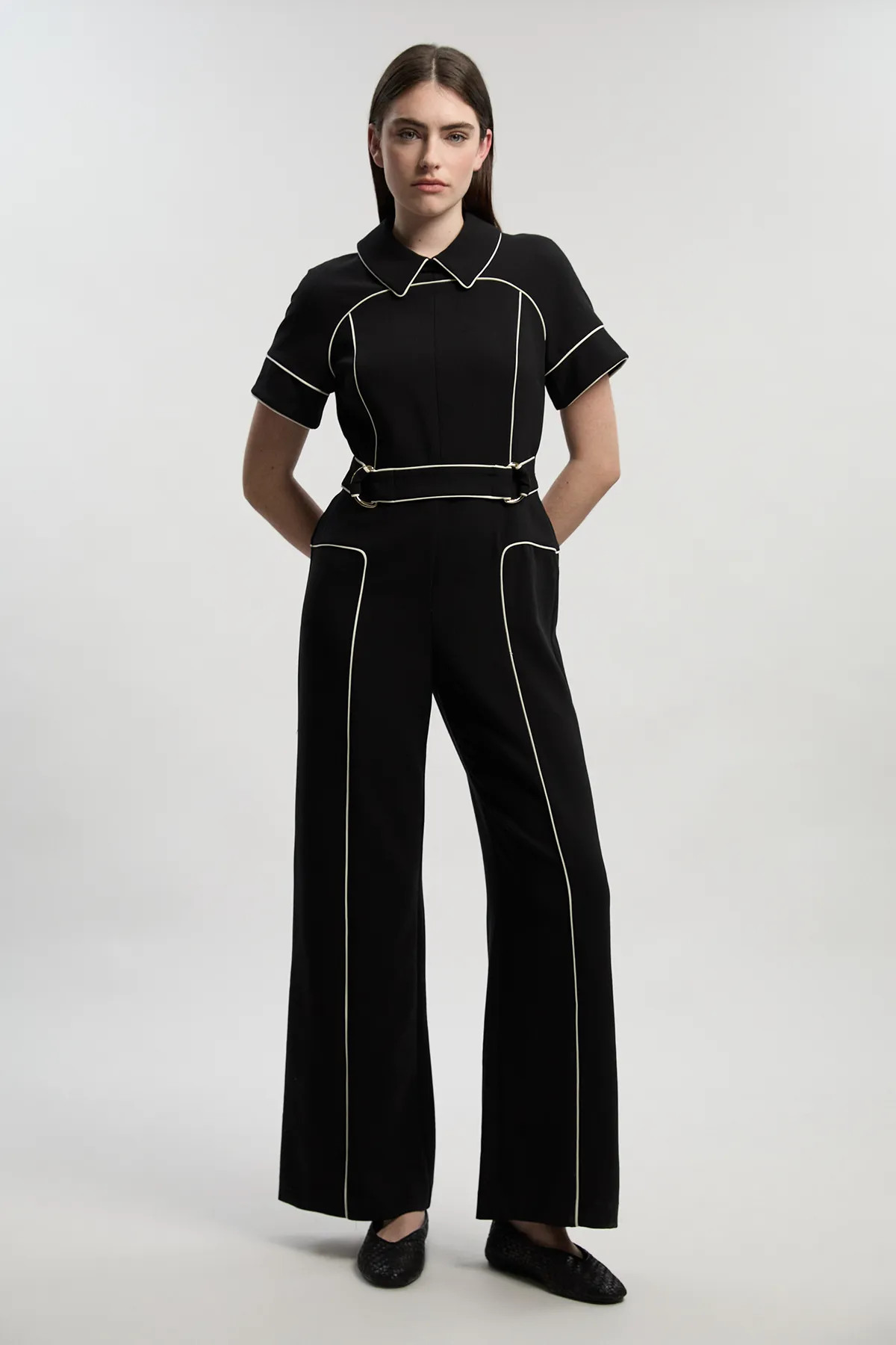 Compact Stretch Contrast Tipped Tab Detail Tailored Jumpsuit | Karen Millen