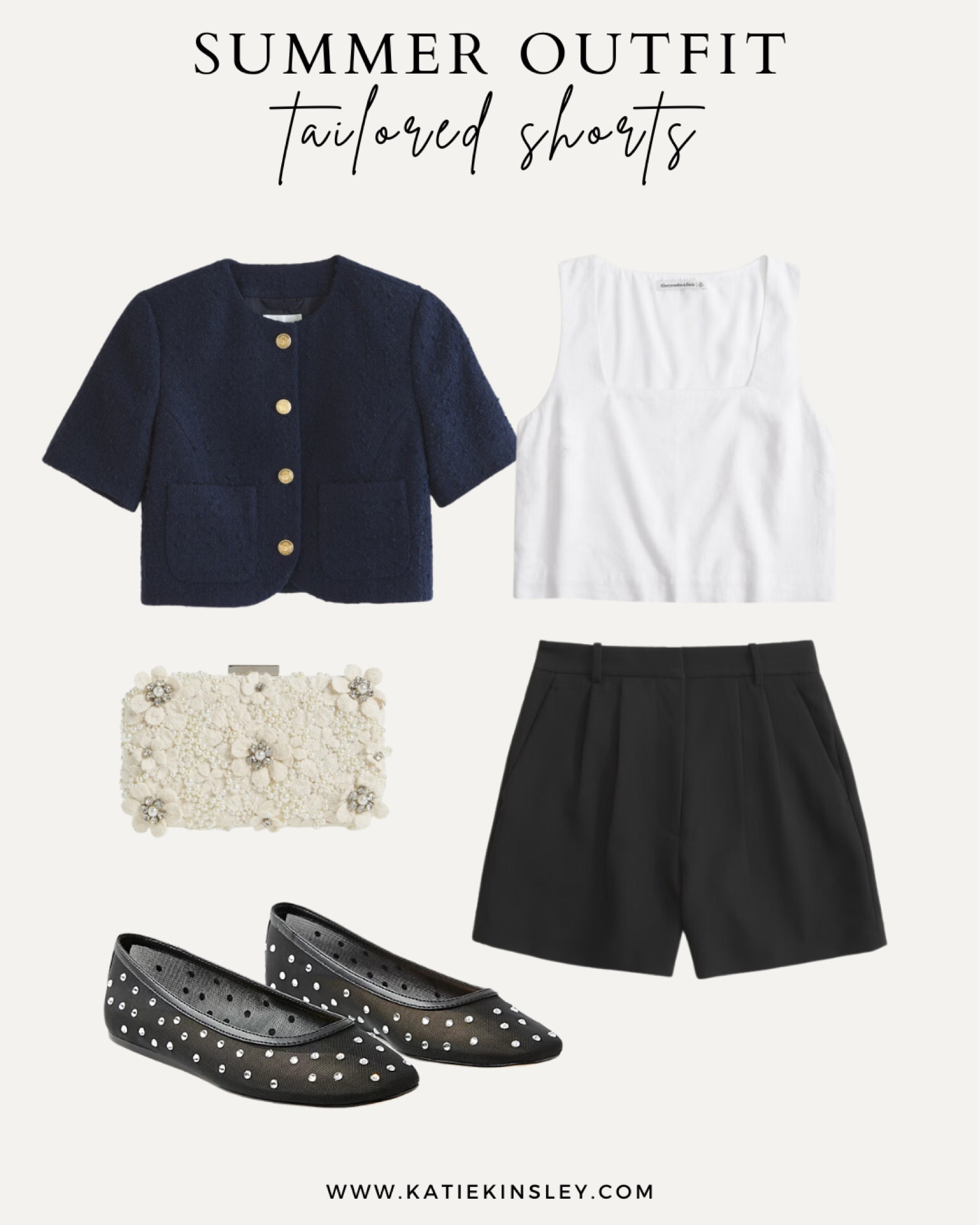 Summer outfit idea: white crop top, black shorts, navy sweater (for the office), beaded clutch, rhinestone ballet flats

#LTKSummerSales #LTKMidsize #LTKStyleTip