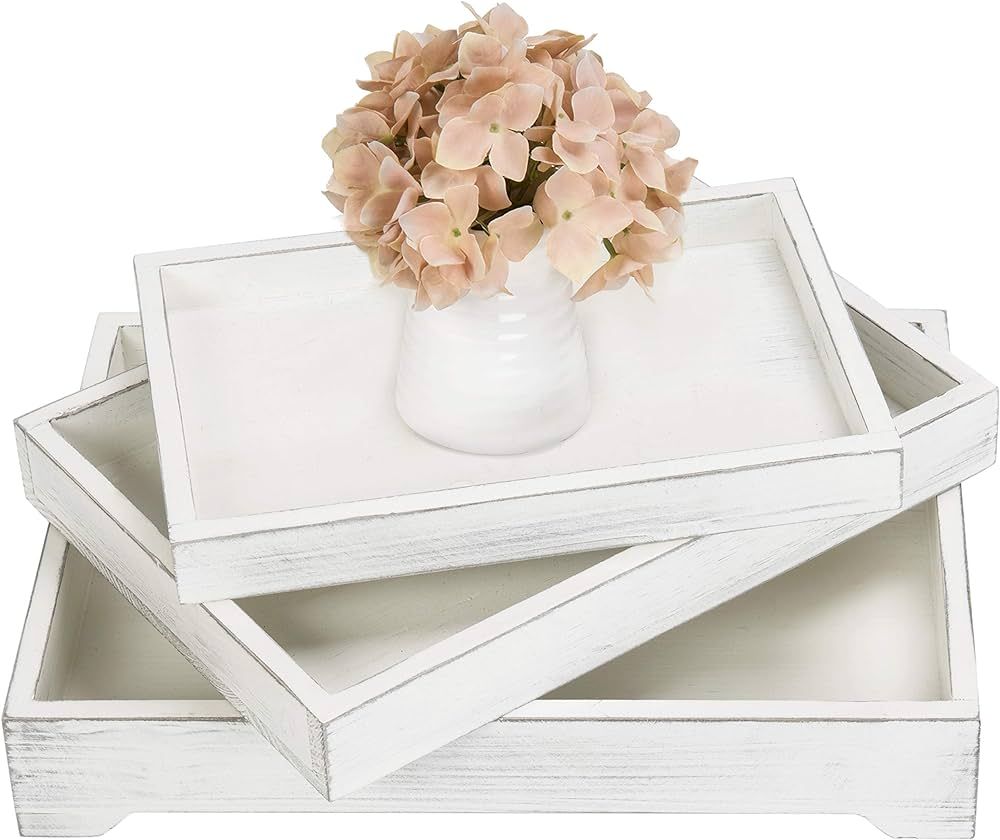 MyGift Vintage White Wood Decorative Tray, 3-Piece Wooden Serving Tray, Display Ottoman Coffee Ta... | Amazon (US)