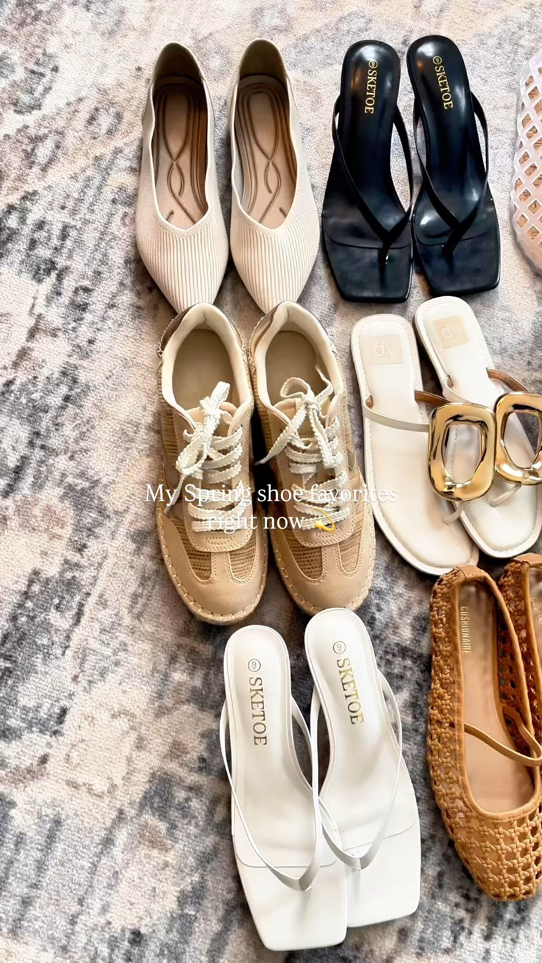 Spring shoe favorites! Most from Amazon , Target or Walmart so very affordable! I sized 1/2 down in the tan sneakers from Target. The Walmart black sandals took a few days to break in but otherwise comfortable afterwards. I size down 1/2 in the clear jelly flats. ￼

#ltkover40 #ltkseasonal
#LTKspringtrends 

 #ltkseasonal #ltkover40