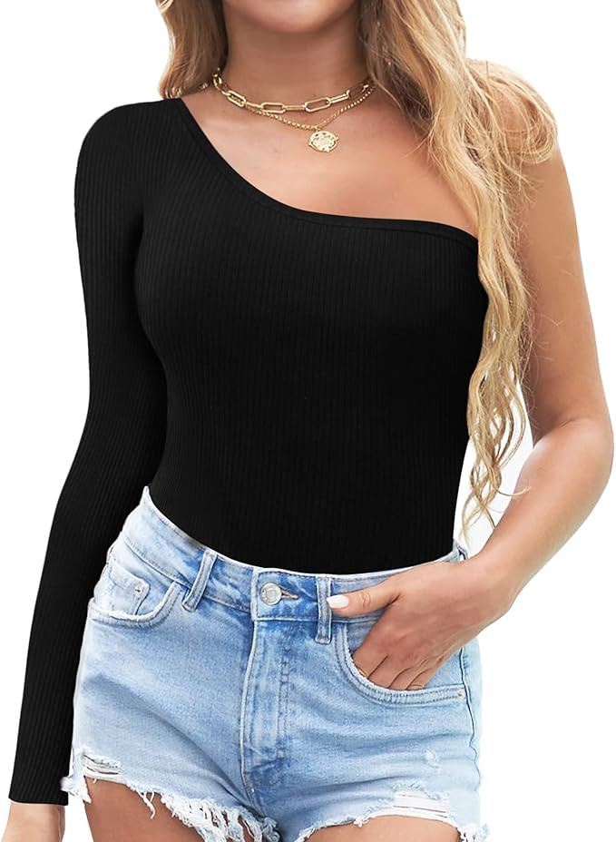 ALGALAROUND Womens One Shoulder Tank Tops Ribbed Sleeveless Long Sleeve Fitted T-Shirt | Amazon (US)