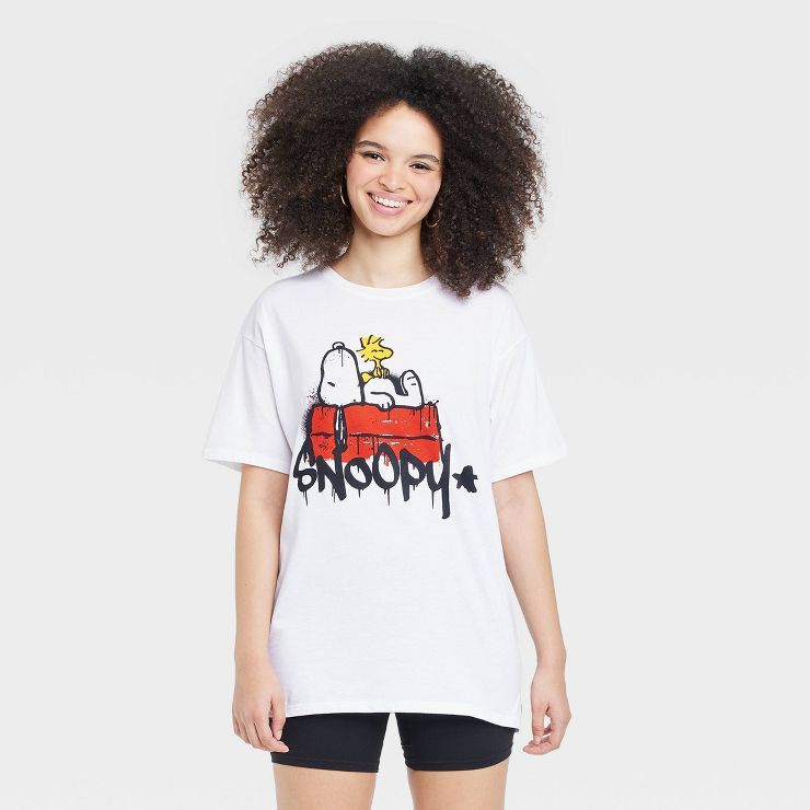Women's Peanuts Snoopy Graffiti Oversized Short Sleeve Graphic T-Shirt - White | Target