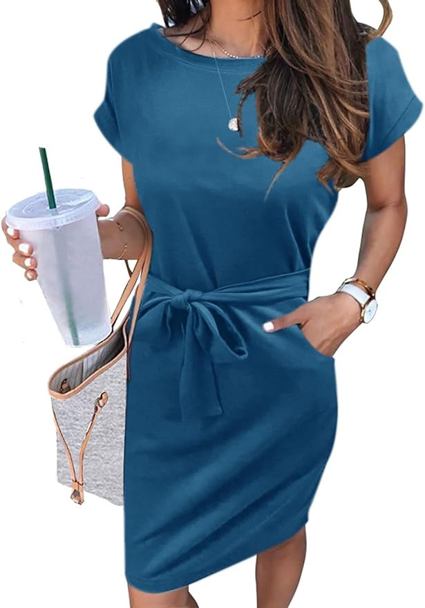 MEROKEETY Women's Summer Striped Short Sleeve T Shirt Dress Casual Tie Waist with Pockets | Amazon (US)