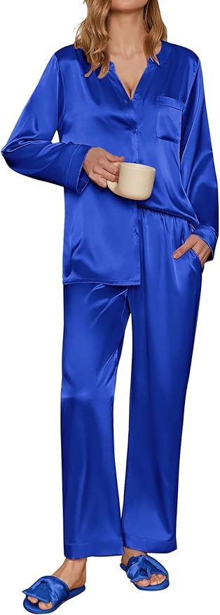 Ekouaer Satin Pajamas Set Women's Long Sleeve Sleepwear Classic Button Down Loungewear V-Neck Sil... | Amazon (US)