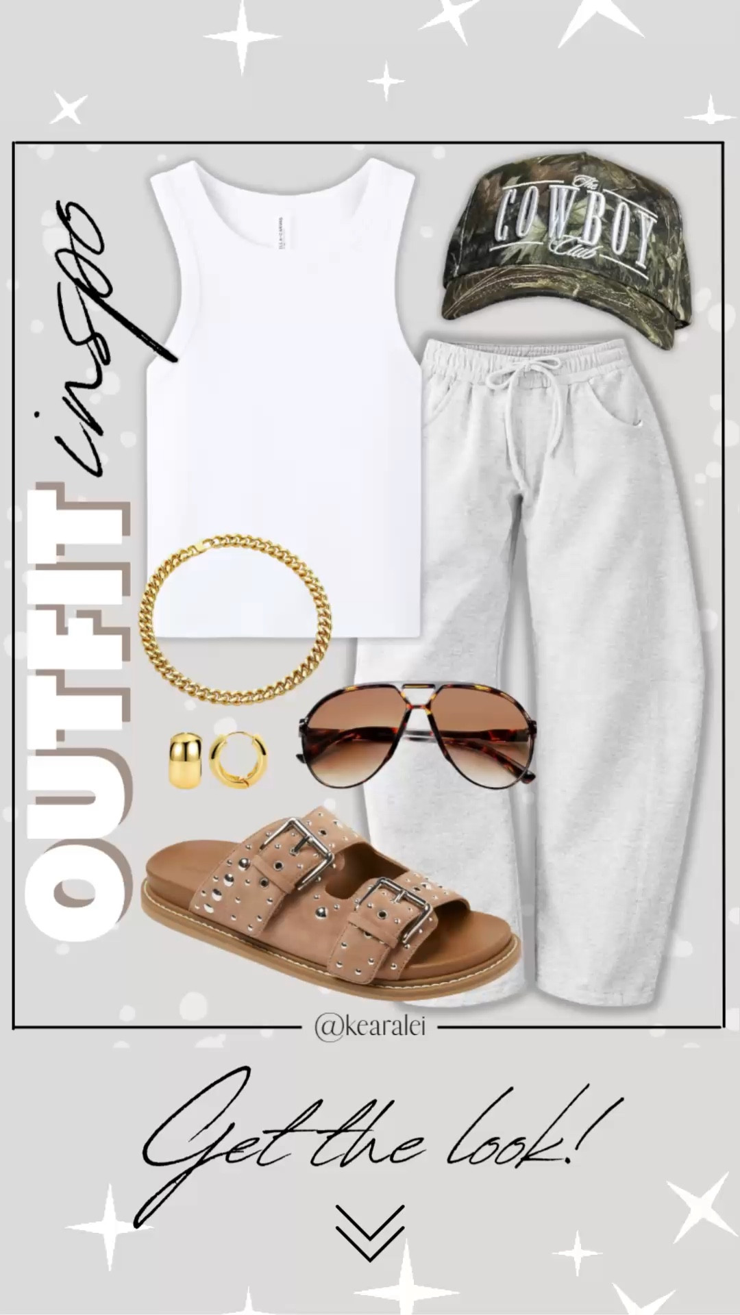 Spring outfits 2026 summer outfits Amazon comfy outfit casual outfits Amazon fashion light grey barrel sweatpants white sweat pants sweats Y2K pants Camouflage camo cowboy hat baseball hat trucker hats High Waisted Wide Leg Drawstring Jogger Sweatpants white tank top bodysuit tan studded suede faux leather strappy sandals buckle Birkenstock look alike Birkenstocks with green camo baseball hat cap brown aviator sunglasses chunky gold chain necklace cool mom outfit casual outfits || #amazon #outfit #summer #spring #comfy #freepeople #barrel #sweats #affordable #neutrals
.
.
.

Fitness Wear, Activewear, exercise outfit, workout leggings, sports bra, Lulu lemon, free people motion active athleisure Amazon fashion, teacher outfits, business casual, casual outfits, neutrals, street style, Midi skirt, Maxi Dress, Swimsuit, Bikini, Travel, skinny Jeans, Puffer Jackets, Concert Outfits, Cocktail Dresses, Sweater dress, Sweaters, cardigans Fleece Pullovers, hoodies, button-downs, Oversized Sweatshirts, Jeans, High Waisted Leggings, dresses, joggers, fall Fashion, winter fashion, leather jacket, Sherpa jackets, Deals, shacket, Plaid Shirt Jackets, apple watch bands, lounge set, Date Night Outfits, Vacation outfits, Mom jeans, shorts, sunglasses, Disney outfits, Romper, jumpsuit, Airport outfits, biker shorts, Weekender bag, plus size fashion, Stanley cup tumbler Target, Abercrombie and fitch, Amazon, Shein, Nordstrom, H&M, forever 21, forever21, Walmart, asos, Nordstrom rack, Nike, adidas, Vans, Quay, Tarte, Sephora, lululemon, free people, j crew jcrew factory, old navy


#LTKSeasonal #LTKootd #LTKSaleAlert