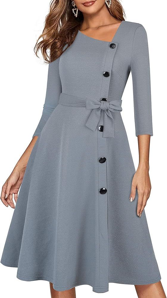 HOMEYEE Women's Retro Vintage Asymmetry Neckline Swing Dress A241 | Amazon (US)