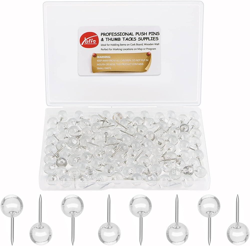Yalis Push Pins 1/3 Inch Silver Map Tacks 100-Count Large Size Pins Steel Point and Transparent P... | Amazon (US)