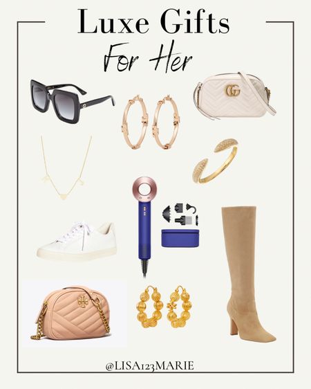 Luxe gifts for her! Gift guide for her. Gifts for wife. Gifts for girlfriend. Tory Burch hoop earrings. Tory Burch crossbody. Favorite Gucci sunglasses. Knee high boots (I sized up half a size). Veja Esplar sneakers (I sized down because they run a little big, size down if you are a half size). 

*These are times I own + love!

#LTKitbag #LTKGiftGuide #LTKHoliday