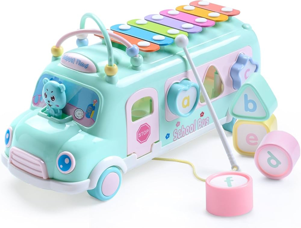 Intellectual School Bus Baby Toy, Piano Music Bus Toys Toddler for 1-3 Years,Shape Puzzles Knocki... | Amazon (US)