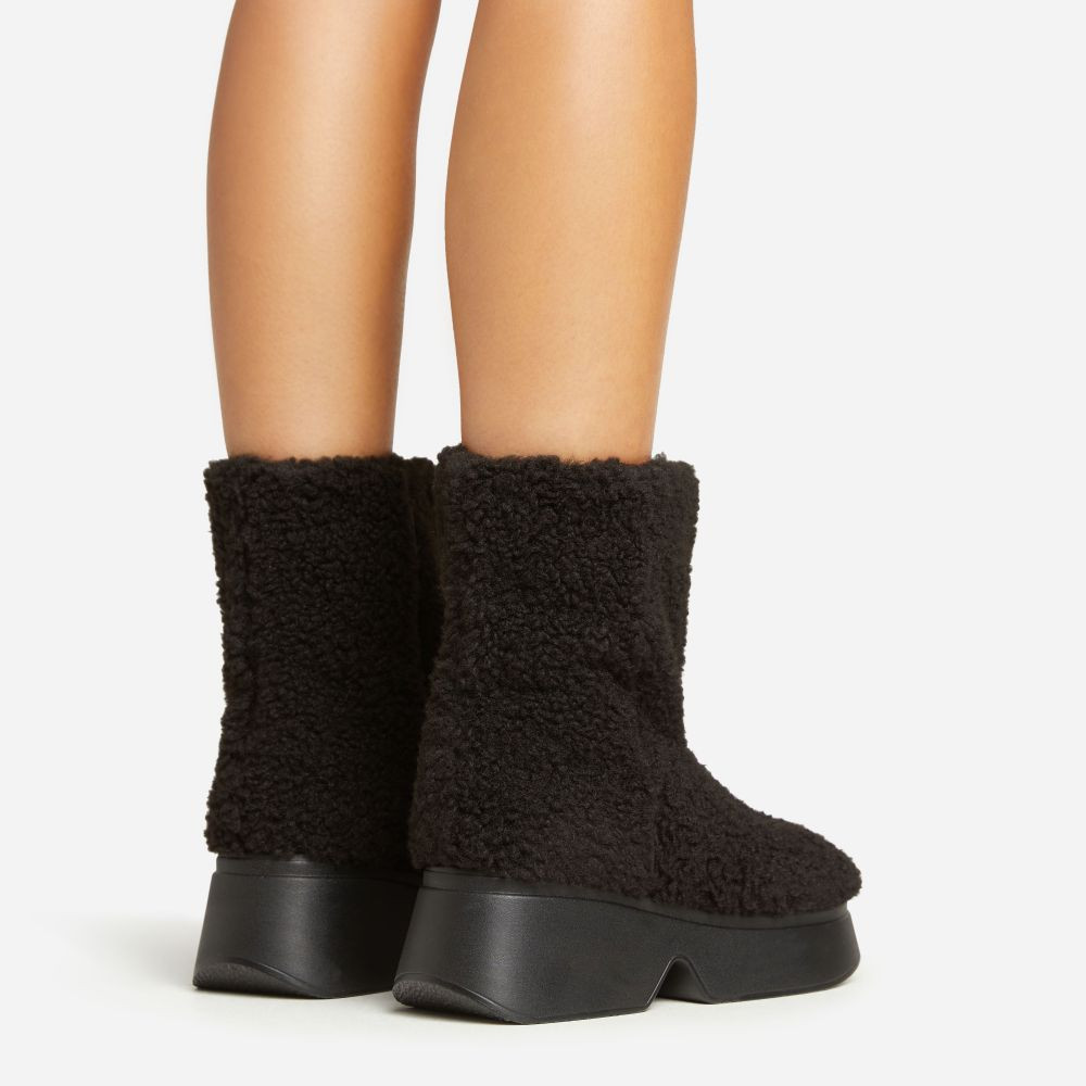 Snowbunny Chunky Sole Platform Ankle Boot In Black Faux Shearling | EGO Shoes (US & Canada)