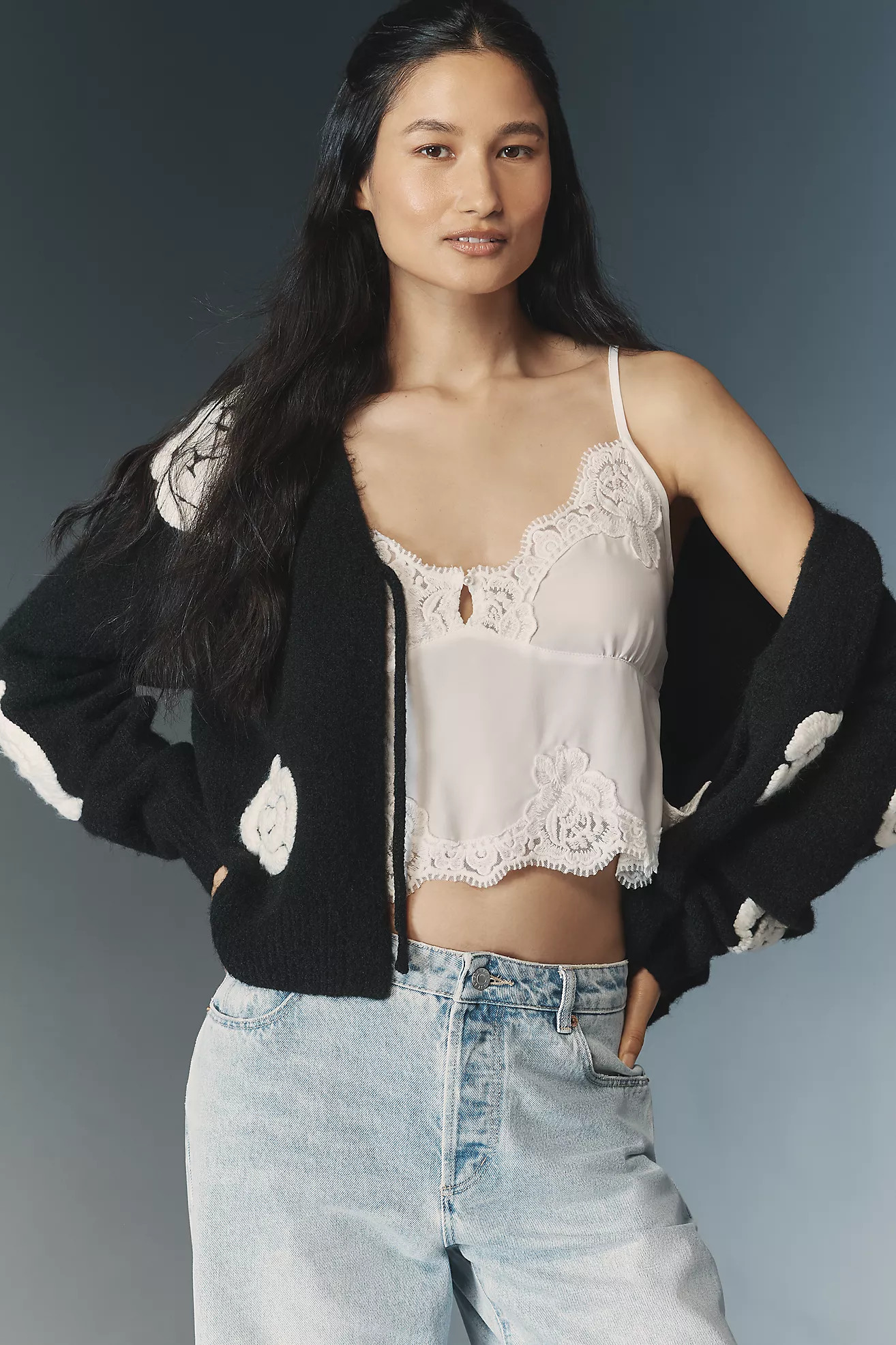 Flat White Embroidered Flower Cardigan Sweater | Anthropologie (US)