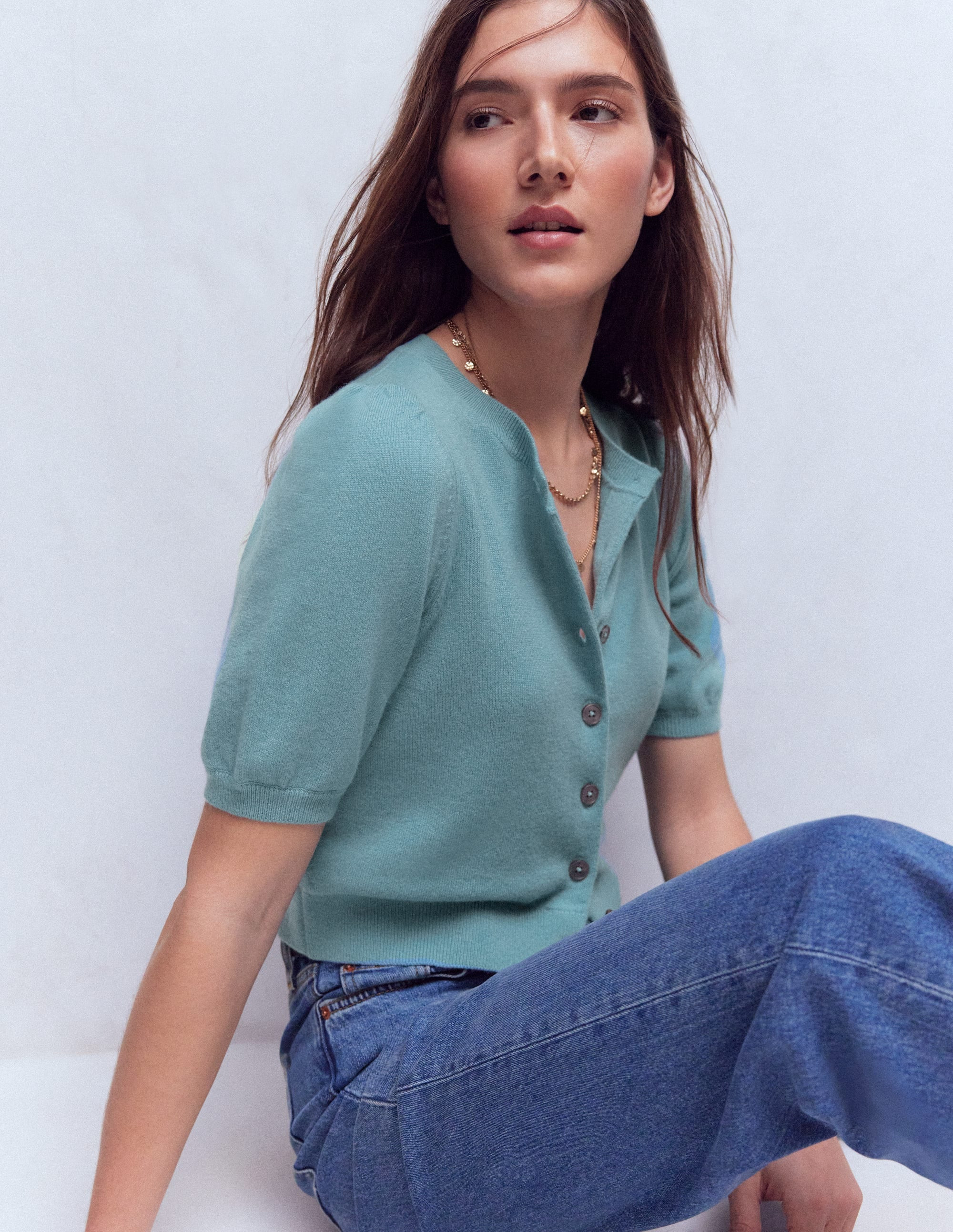 Cropped Cashmere Cardigan-Misty Blue | Boden UK