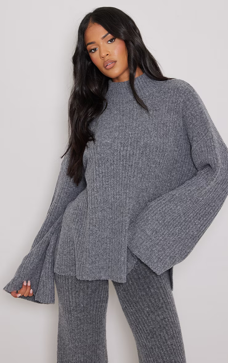 Tall Charcoal Luxe Rib Knit Oversized Sweater | PrettyLittleThing US