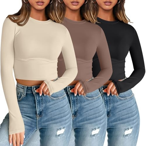 AUTOMET 3 Pack Womens Long Sleeve Shirts Y2K Going Out Crop Tops Cute Basic Slim Fitted Fall Fashion Outfits 2025 Clothes ApricotCoffegreyBlack M | Amazon (US)