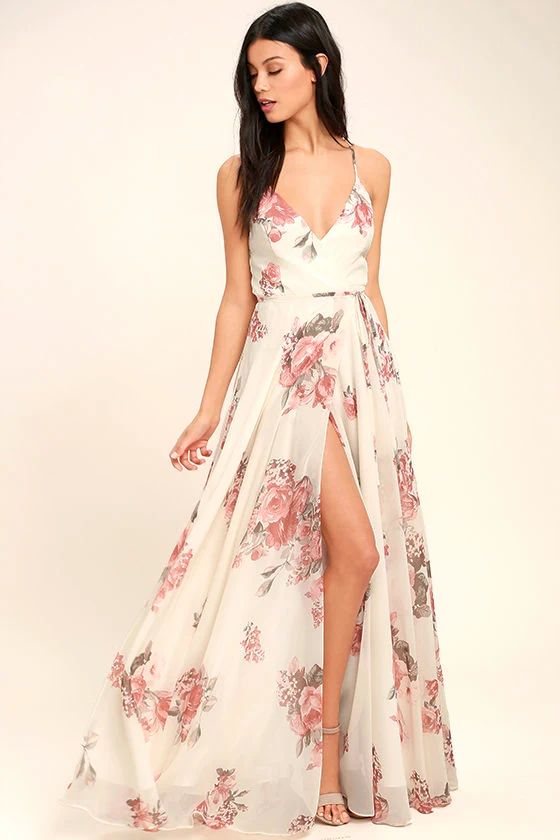 Elegantly Inclined Cream Floral Print Wrap Maxi Dress | Lulus (US)
