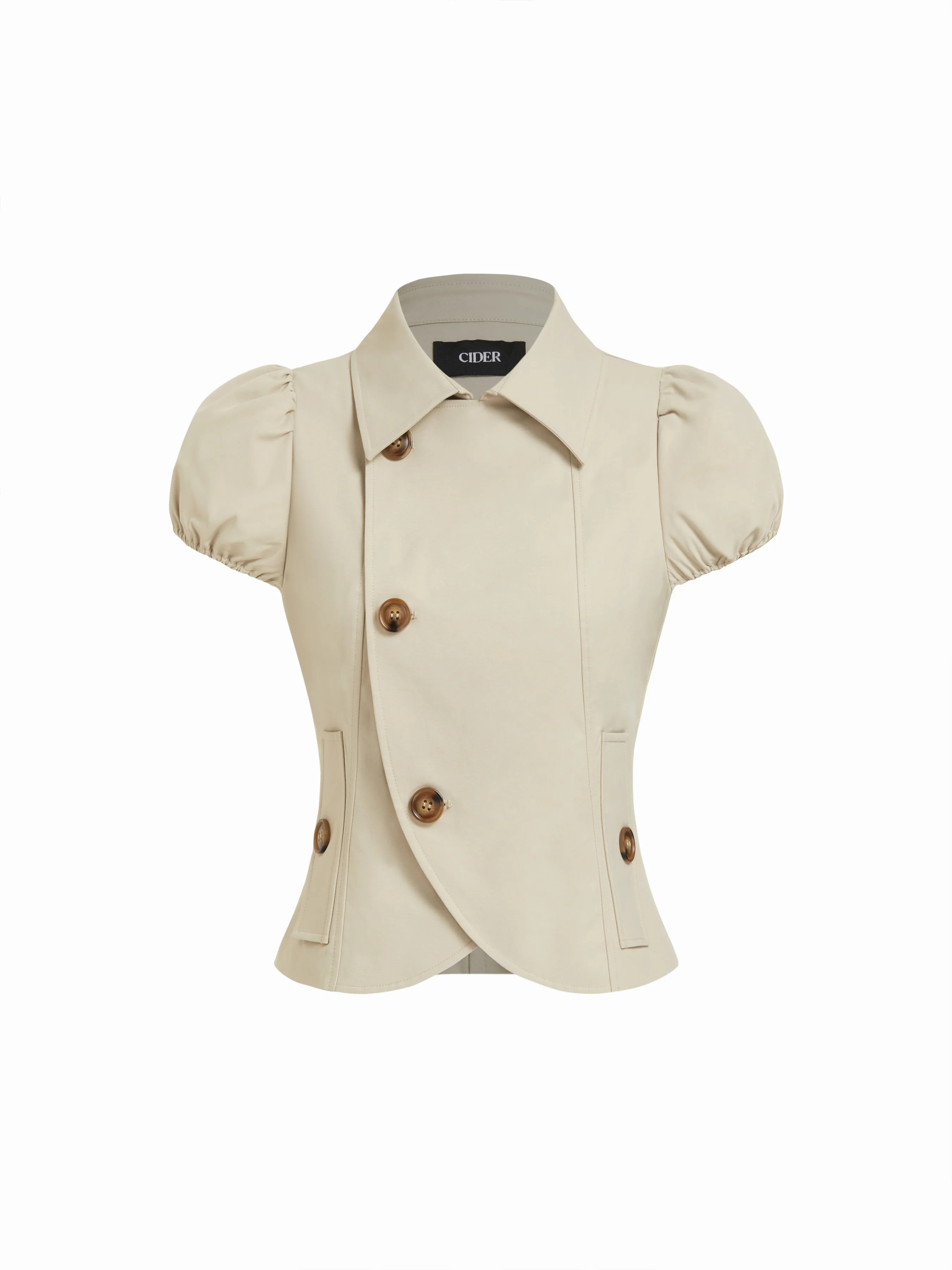 Woven Notched Collar Puff Sleeve Asymmetrical Button Blouse For Daily Casual Work | Cider