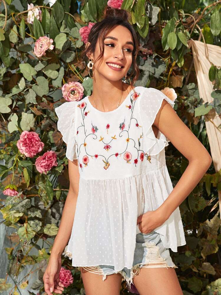 Swiss Dot Floral Embroidered Butterfly Sleeve Top | SHEIN