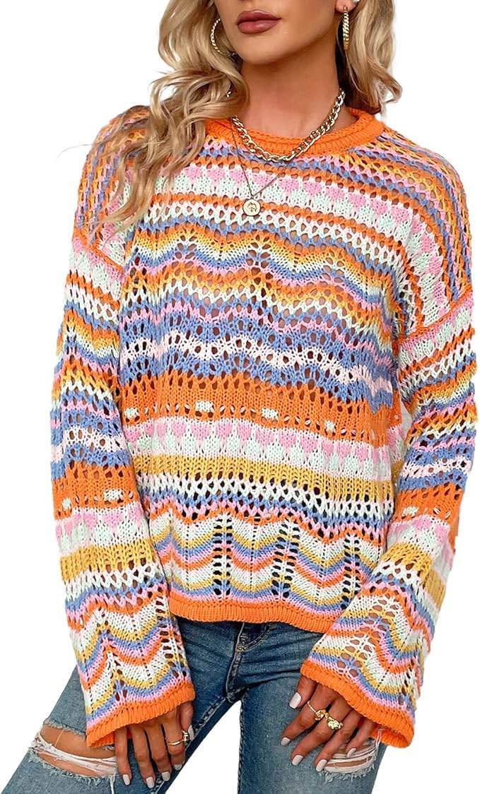 Women Crochet Sweaters Striped Long Sleeve See Through Knit Casual Jumper Hollow Out Pullover Swe... | Amazon (US)