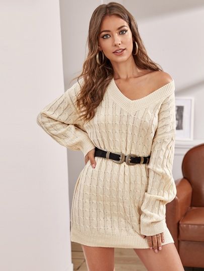 Drop Shoulder Cable Knit Sweater Dress Without Belt | SHEIN