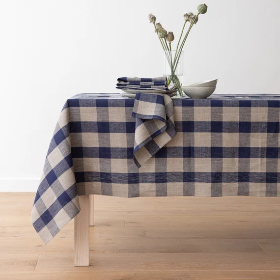 Large Check Washed Linen tablecloth in Natural Navy Check. Square, rectangular table linens. Medi... | Etsy (US)