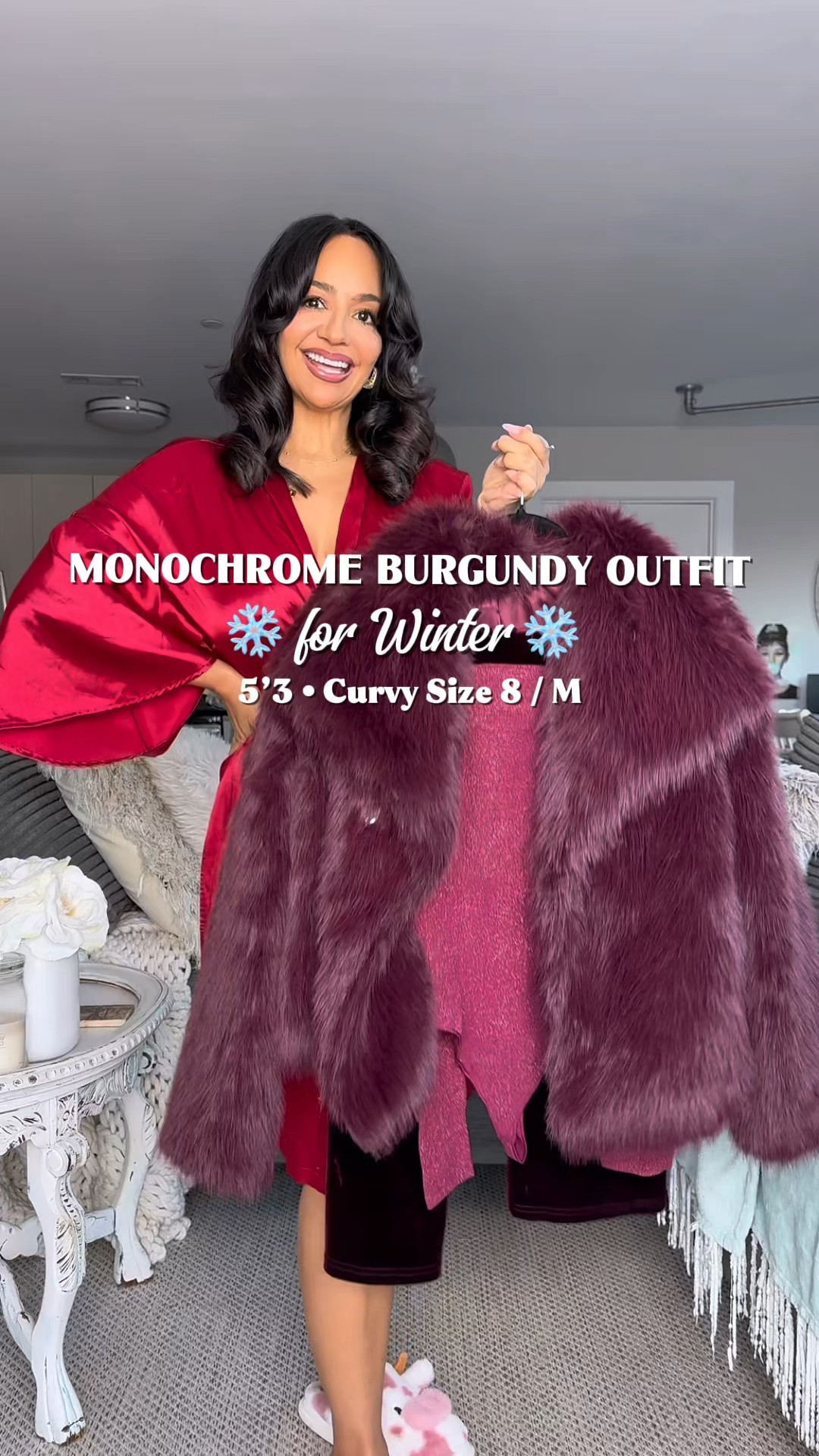 BADDIE WINTER OUTFITS ❄️ Is this monochrome burgundy outfit your style?

winter outfit, winter date outfit, over 40 style, over 40 outfit, faux fur jacket, faux fur coat, velvet pants, bodysuit, Valentine’s Day outfit, date night outfit 

Sizing ⬇️

5’3 • 155 lbs
Size 8 / Medium
Bust: 34DDD
Waist: 28”
Hips: 43”
Wearing Size Medium in the pants and Large in the jacket 

#LTKOver40 #LTKStyleTip #LTKFindsUnder50