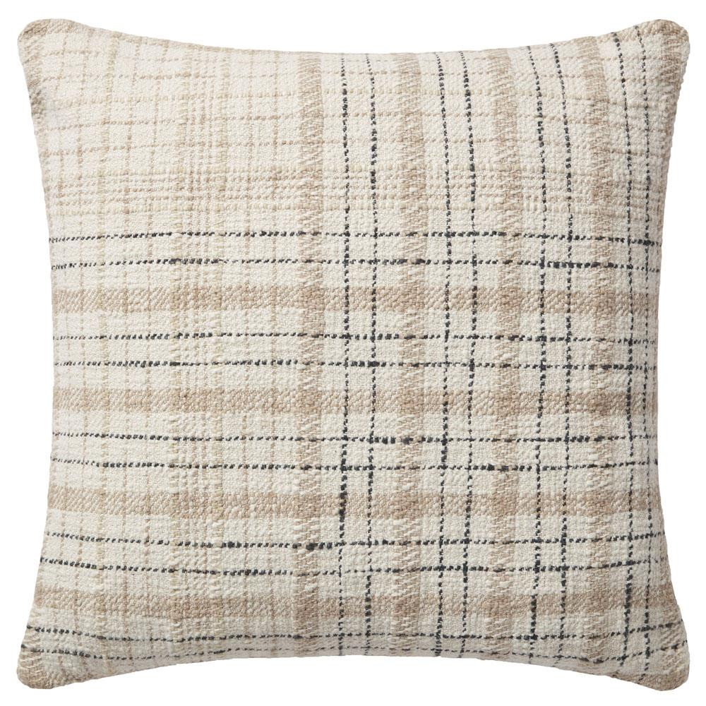 Cricket French Beige Plaid Cotton Down Fill Decorative Pillow - 22x22 | Kathy Kuo Home